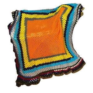 Vintage Handmade Crochet Granny Square Blanket Multi Color Boho Throw Afghan